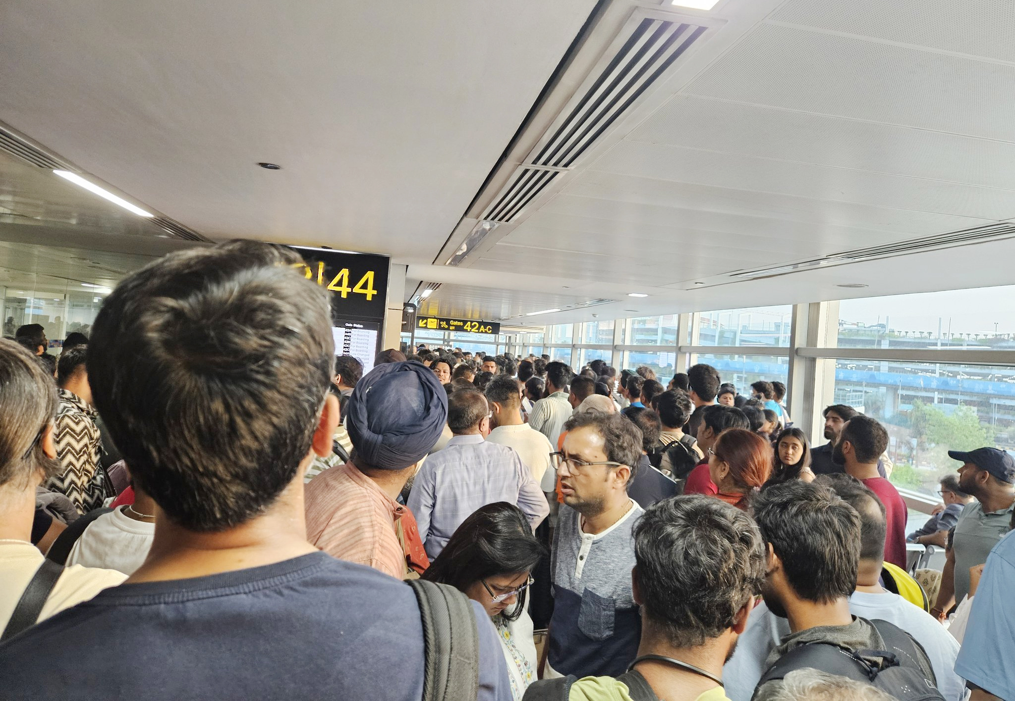 Flights were delayed due to a storm